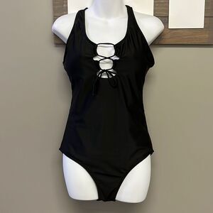 SHEIN Black One Piece Plunging Neckline with Tie and Razorback Swimsuit- Large